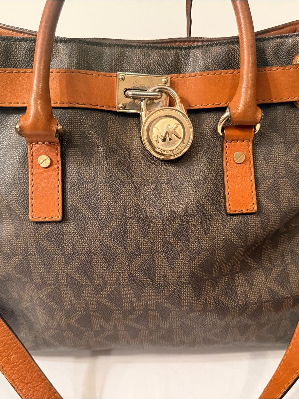 Classic Preppy City Chic Michael Kors Brown/Tan MK Logo Satchel with Gold Lock